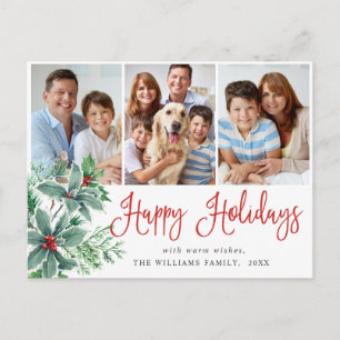 Festive Holly Berry Christmas 3 Photo Holiday Post Postcard