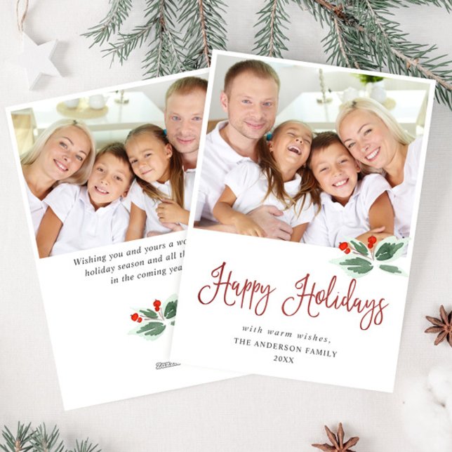 Festive Holly Berry Christmas Greeting 2 PHOTO Holiday Card (Creator Uploaded)