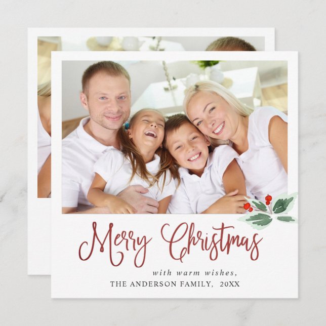 Festive Holly Berry Christmas Greeting 2 PHOTO Holiday Card (Front/Back)
