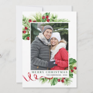 Festive Holly Berry Christmas Greeting Photo Holiday Card