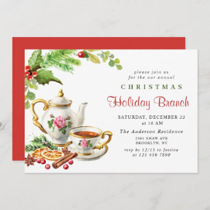 Festive Holly Berry Christmas Holiday Branch Invitation