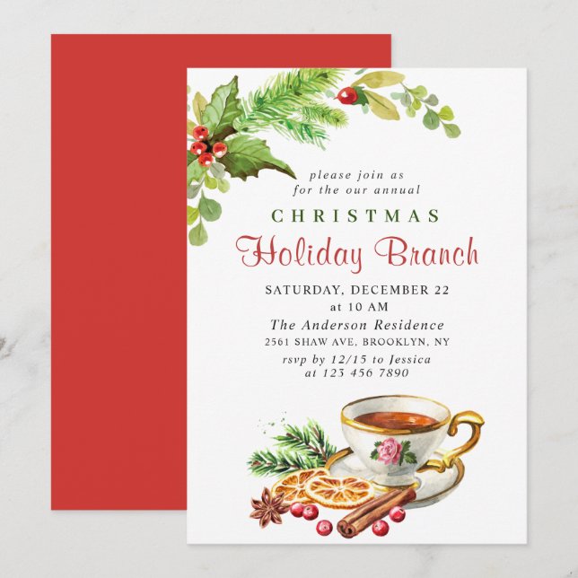Festive Holly Berry Christmas Holiday Branch Invitation (Front/Back)