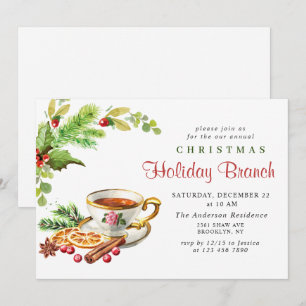 Festive Holly Berry Christmas Holiday Branch Invitation