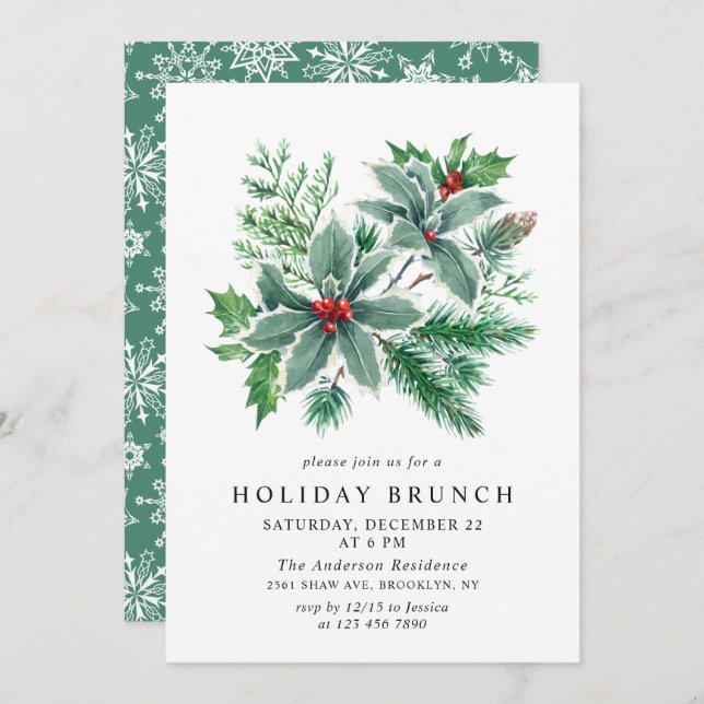 Festive Holly Berry Christmas HOLIDAY BRUNCH Invitation (Front/Back)