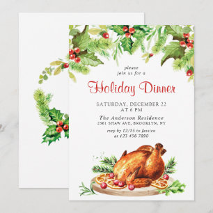 Festive Holly Berry Christmas Holiday Dinner Invitation