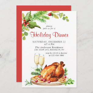 Festive Holly Berry Christmas Holiday Dinner Invitation