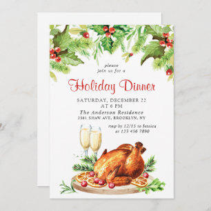 Festive Holly Berry Christmas Holiday Dinner Invitation