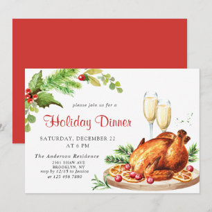 Festive Holly Berry Christmas Holiday Dinner Invitation