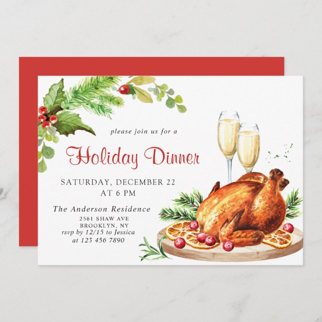 Festive Holly Berry Christmas Holiday Dinner Invitation (Front/Back)