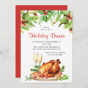 Festive Holly Berry Christmas Holiday Dinner Party Invitation