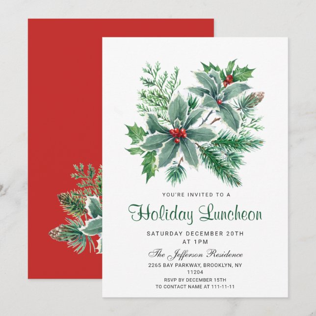 Festive Holly Berry Christmas Holiday Luncheon Invitation (Front/Back)
