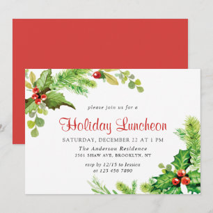 Festive Holly Berry Christmas Holiday Luncheon Invitation