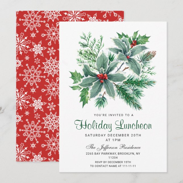 Festive Holly Berry Christmas Holiday Luncheon Invitation (Front/Back)