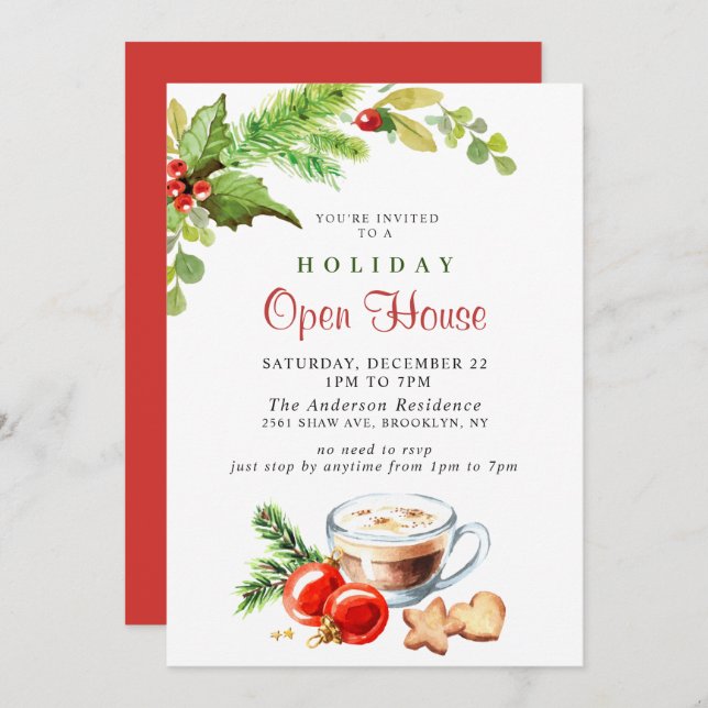 Festive Holly Berry Christmas Holiday Open House Invitation (Front/Back)