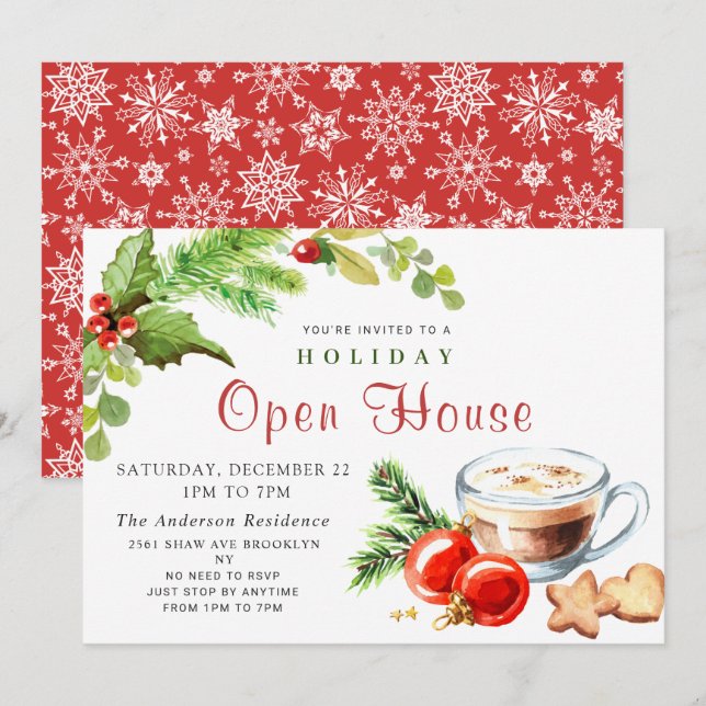 Festive Holly Berry Christmas Holiday Open House Invitation (Front/Back)