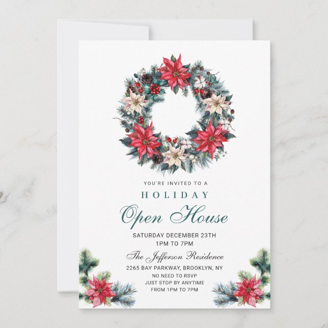 Festive Holly Berry Christmas Holiday Open House Invitation (Front)