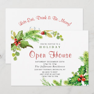 Festive Holly Berry Christmas Holiday Open House Invitation