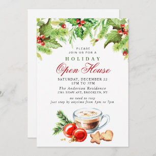 Festive Holly Berry Christmas Holiday Open House Invitation