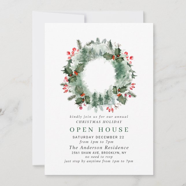 Festive Holly Berry Christmas Holiday Open House Invitation (Front)