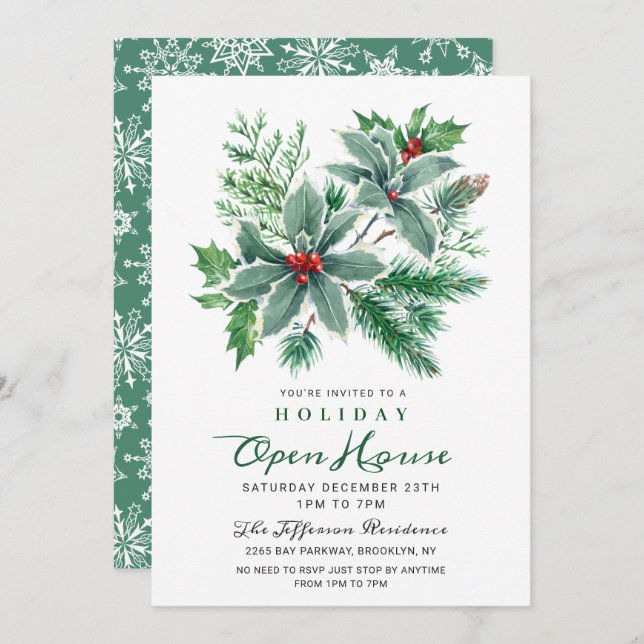 Festive Holly Berry Christmas Holiday Open House Invitation (Front/Back)