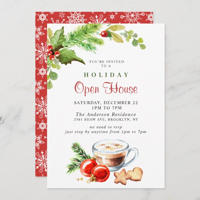 Festive Holly Berry Christmas Holiday Open House Invitation (Front/Back)