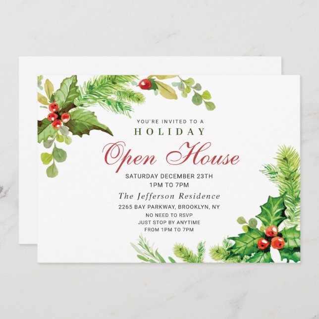 Festive Holly Berry Christmas Holiday Open House Invitation (Front/Back)