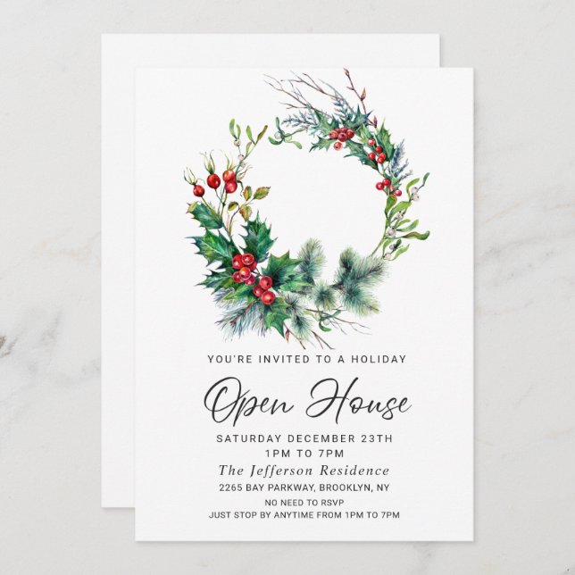 Festive Holly Berry Christmas Holiday Open House Invitation (Front/Back)