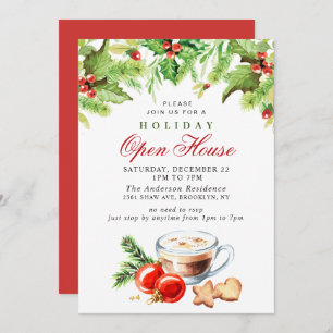 Festive Holly Berry Christmas Holiday Open House Invitation