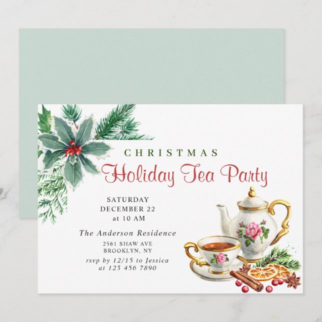 Festive Holly Berry Christmas Holiday Tea Party Invitation (Front/Back)