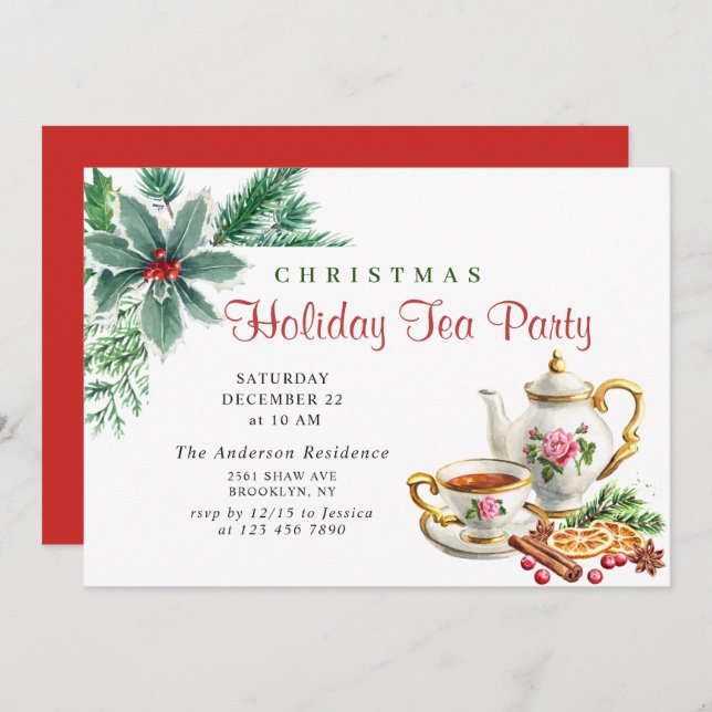 Festive Holly Berry Christmas Holiday Tea Party Invitation (Front/Back)