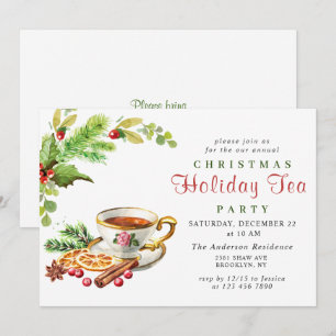 Festive Holly Berry Christmas Holiday Tea Party Invitation
