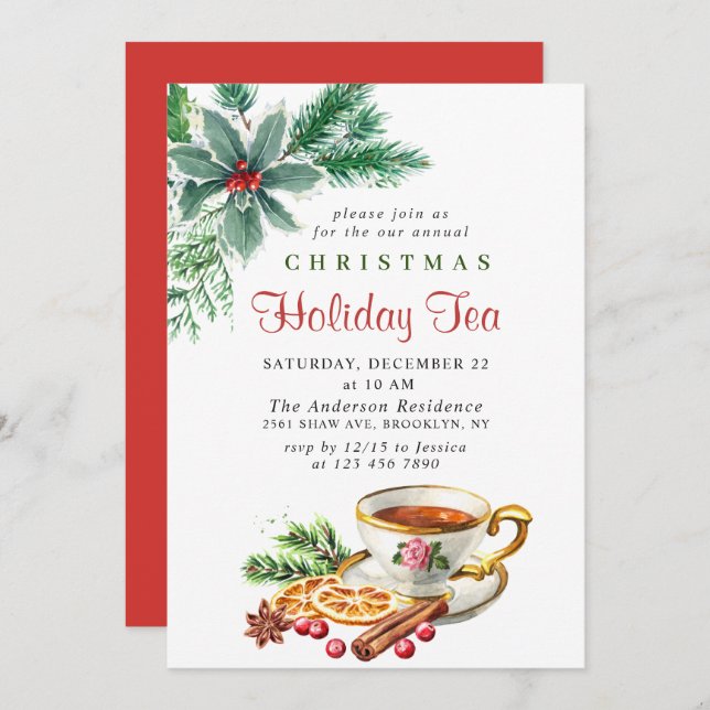 Festive Holly Berry Christmas Holiday Tea Party Invitation (Front/Back)
