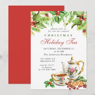 Festive Holly Berry Christmas Holiday Tea Party Invitation