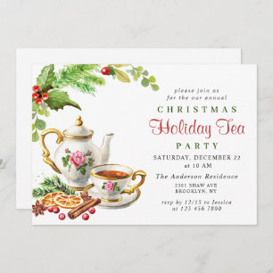 Festive Holly Berry Christmas Holiday Tea Party Invitation