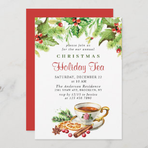 Festive Holly Berry Christmas Holiday Tea Party Invitation