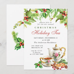 Festive Holly Berry Christmas Holiday Tea Party Invitation