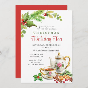 Festive Holly Berry Christmas Holiday Tea Party Invitation