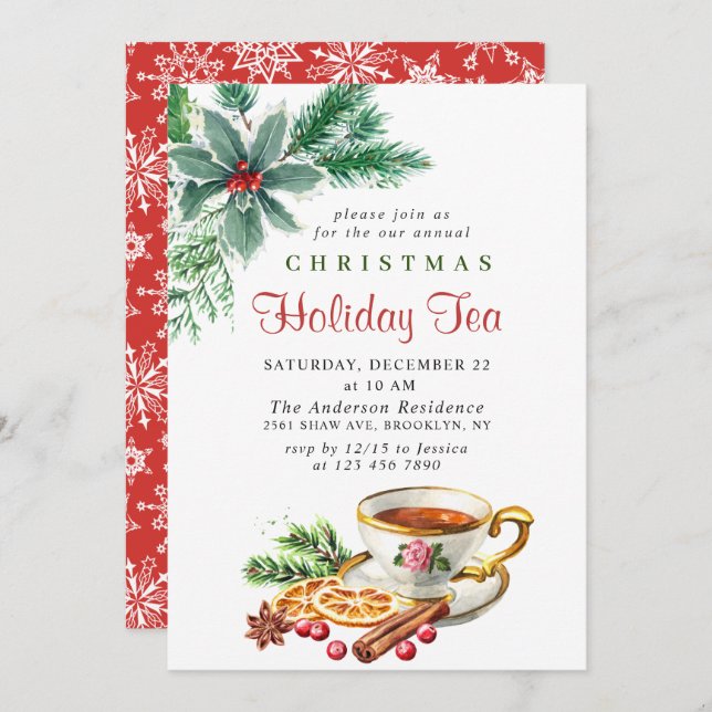 Festive Holly Berry Christmas Holiday Tea Party Invitation (Front/Back)