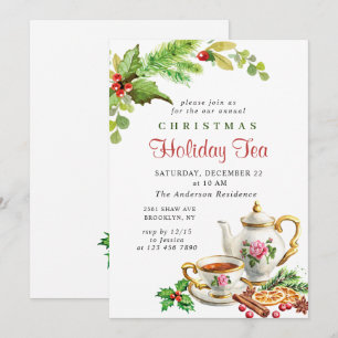 Festive Holly Berry Christmas Holiday Tea Party Invitation
