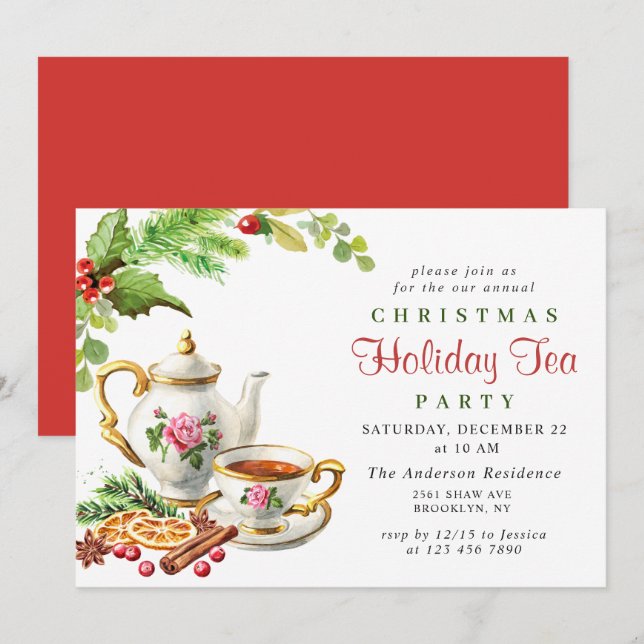 Festive Holly Berry Christmas Holiday Tea Party Invitation (Front/Back)