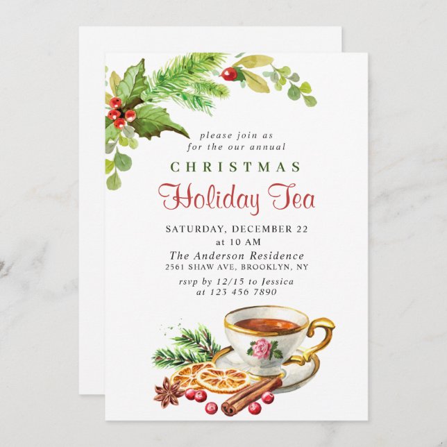 Festive Holly Berry Christmas Holiday Tea Party Invitation (Front/Back)
