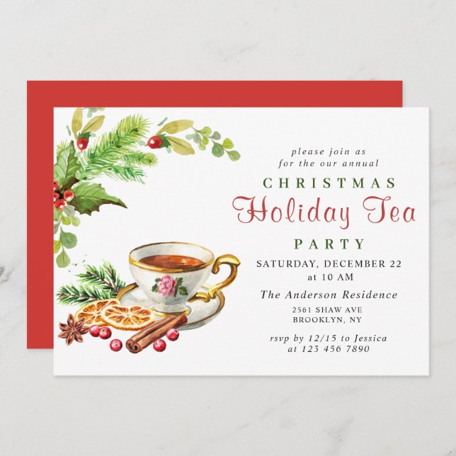 Festive Holly Berry Christmas Holiday Tea Party Invitation (Front/Back)