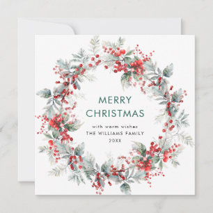 Festive  Holly Berry Christmas Mistletoe Wreath Holiday Card