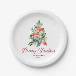 Festive Holly Berry Christmas Tree Holiday Party Paper Plate