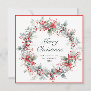 Festive Holly Berry Christmas Wreath Boho Holiday Card