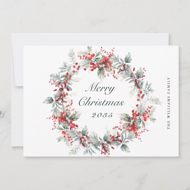 Festive  Holly Berry Christmas Wreath Holiday Card (Front)