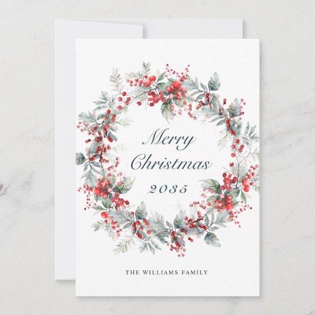 Festive  Holly Berry Christmas Wreath Holiday Card (Front)