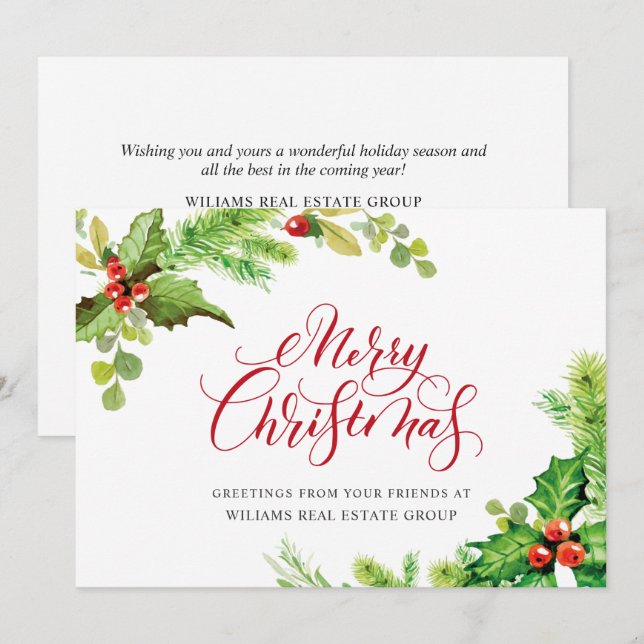 Festive Holly Berry Corporate Christmas Greeting Holiday Card (Front/Back)