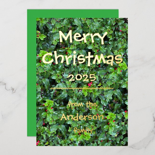 Festive Holly Berry Greenery - Foil Holiday Card (Front/Back)