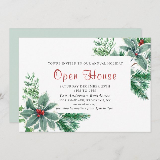 Festive Holly Berry Holiday Christmas Open House Invitation (Front/Back)